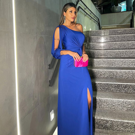 Blue Sleeveless One-Shoulder Mermaid Long Prom Dress