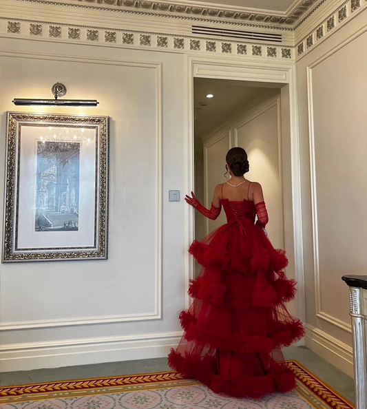 Red Ruffled Tiered Tulle Ball Gown Sweetheart Spaghetti Straps Ruffled A-Line Evening Gown fg7074