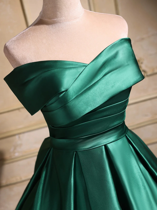 Elegant Emerald Green Satin Off-Shoulder Prom Dress, Long A-Line Formal Dress fg8742