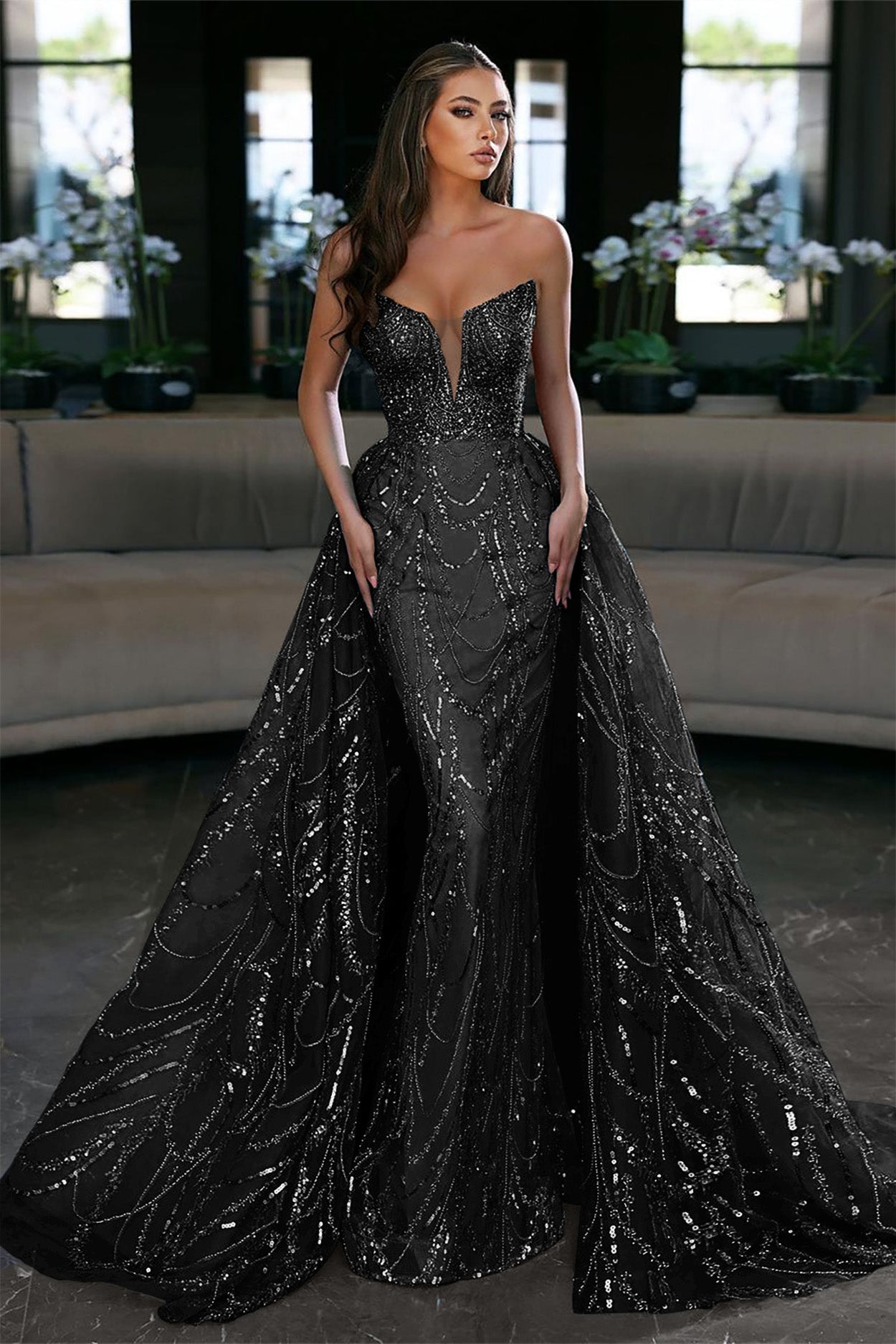 Blue Mermaid Sleeveless Prom Dress Tulle Ruffles With Appliques