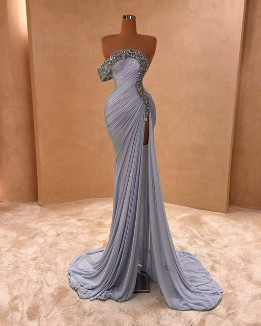 Light Purple Sleeveless Strapless Mermaid Beads Prom Dress