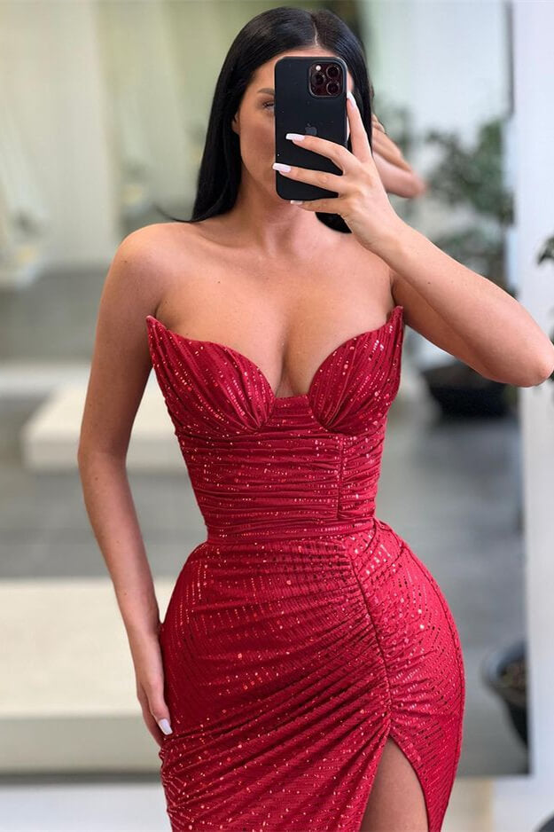 Burgundy Sequins Long Sleeveless Mermaid Prom Dress With Split