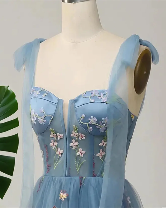 Blue Floral Embroidery Tulle Prom Dress, A-Line Fairy Gown Blue Party Dress fg8741