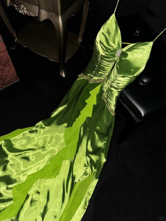 Fresh Green A Line Spaghetti Strap Chiffon Ruffle Satin Long Prom Dress Formal Gown SH3971