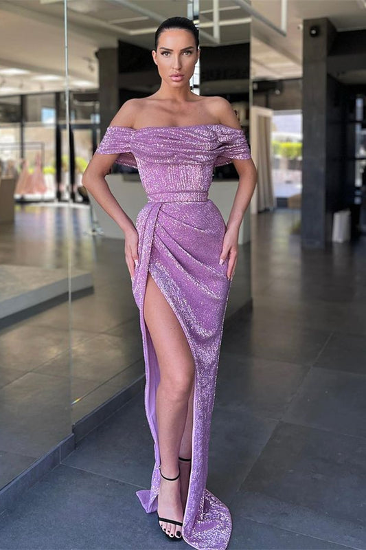 Lilac Off-The-Shoulder Prom Dress Mermaid Split With Sequins