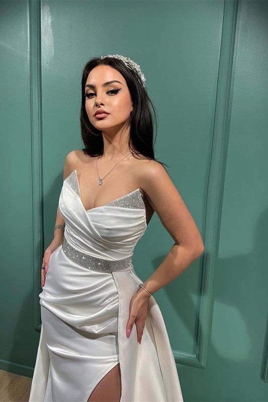 Spaghetti-Straps V-Neck White Split Mermaid Evening Dress With Sequins