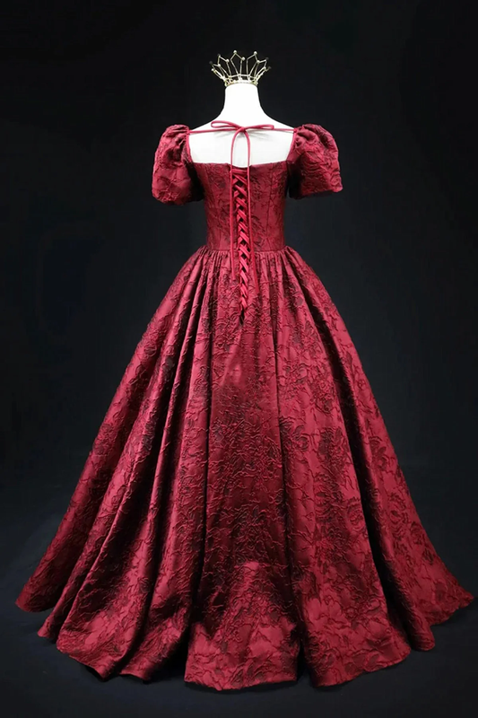 Vintage Square Neck Wine Red Prom Gown, Short Sleeves Evening Dress Party Dress fg8725