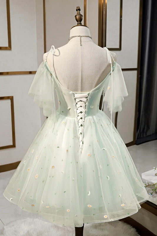 Elegant Homecoming Dress Spaghetti Straps Tulle Flowers Beaded Prom Dress Back to School Outfits Party Dress D6109