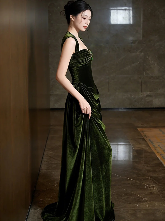 Green Velvet Sweetheart Long Prom Dress, Green Velvet Wedding Party Dress Formal Dress fg8721