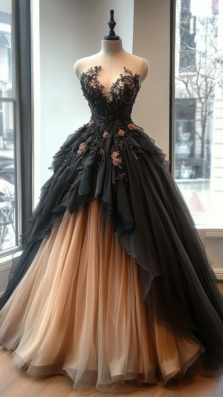 Charming A Line Sweetheart Neck Beaded Flower Ruffle Tulle Long Prom Dress Evening Dress fg8570