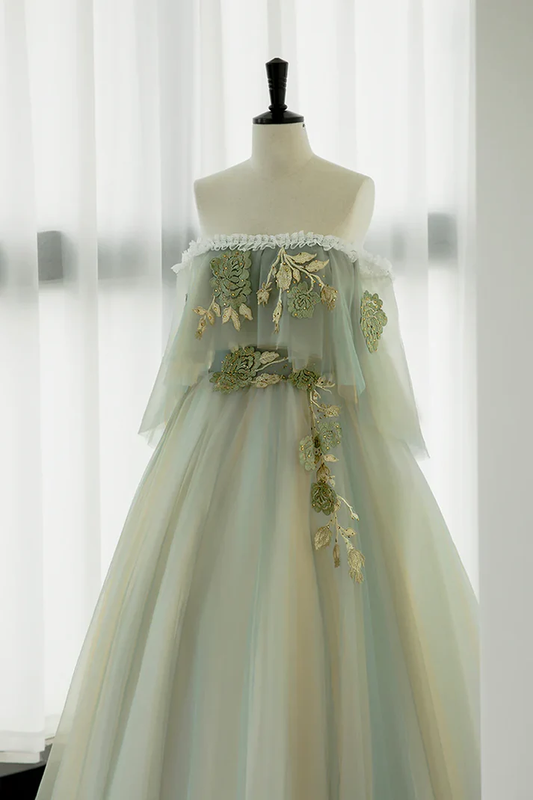 Light Green Strapless A-line Tulle Prom Dress,Unique Evening Dresses fg8574