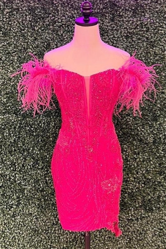 Red Off-the-Shoulder Sequined Sheath Homecoming Dress with Feathers