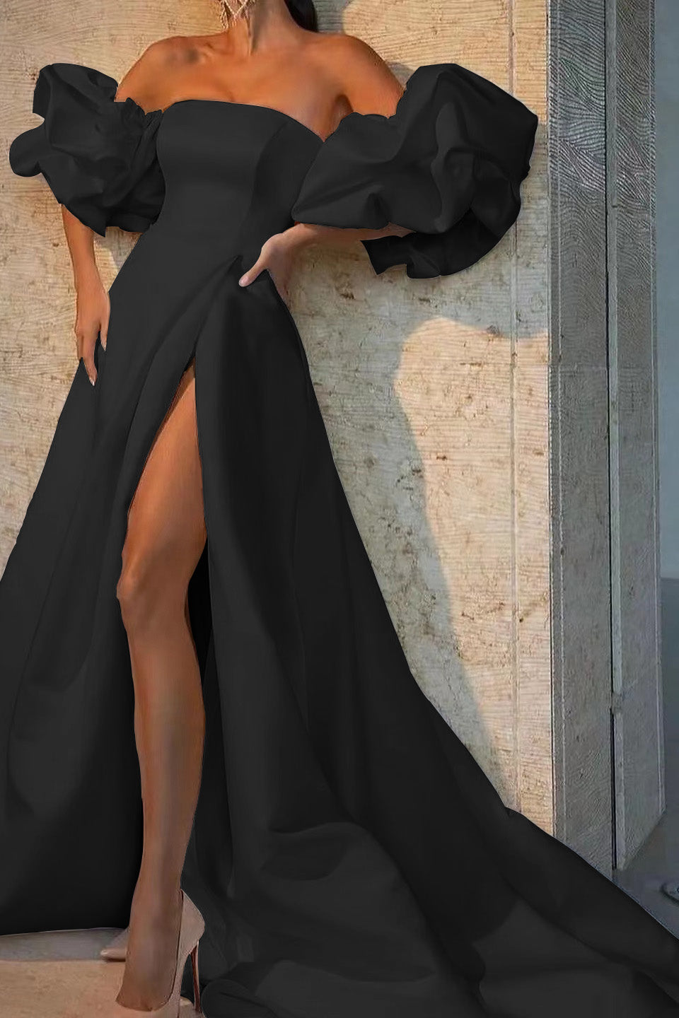 White Off-The-Shoulder Bubble Sleeves Long Evening Dress With Slit