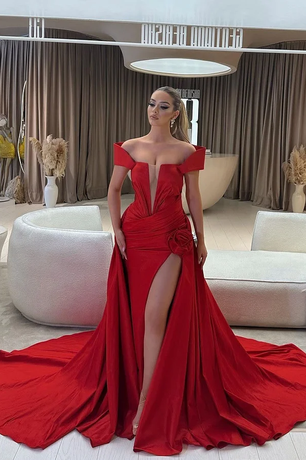 Red Off-Shoulders Deep V-Neck Handmade Flower Mermaid Prom Dress