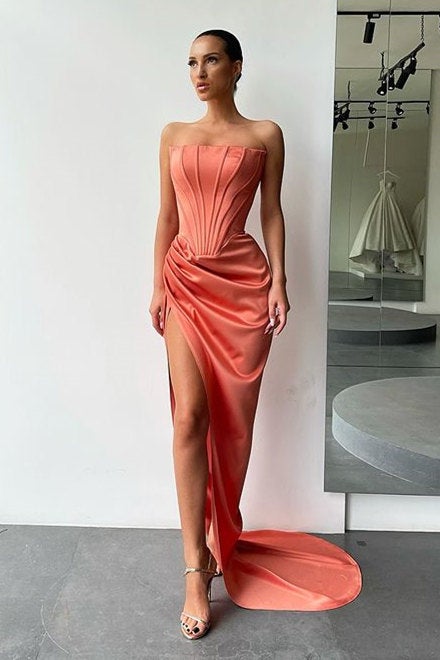 Strapless Slit Long Prom Dress Evening Party Gowns