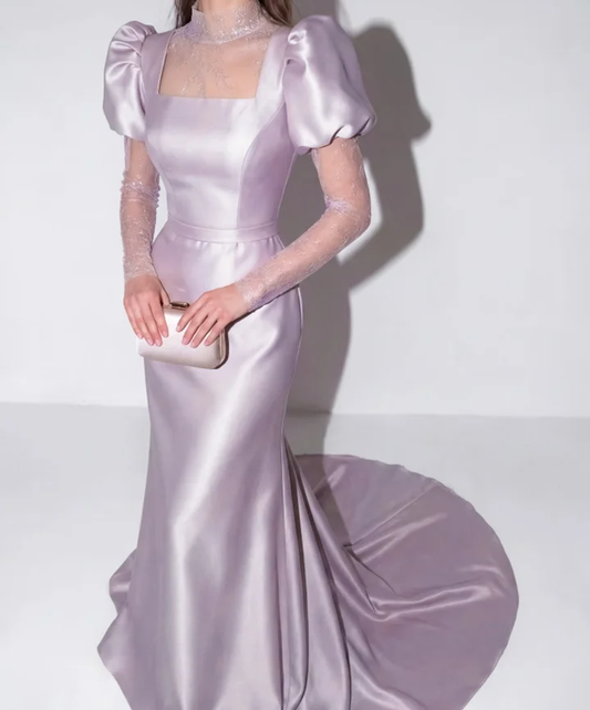 Lilac High Neck Mermaid Prom Dress Long Sleeves in Satin with Lace