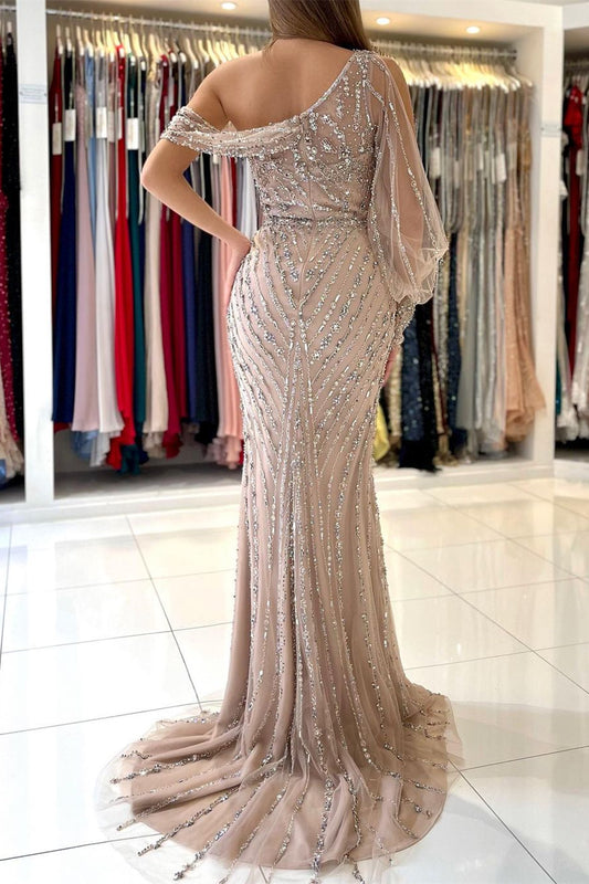 Long Sleeves Slit Mermaid Prom Dress With Beadings