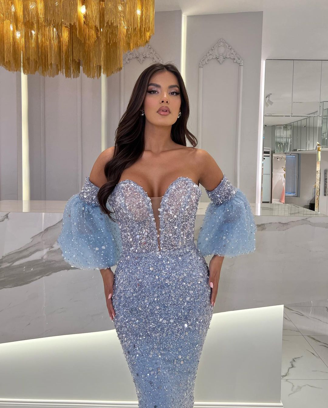 Tea Length Light Blue Prom Dress Squins With Puffy Sleeves