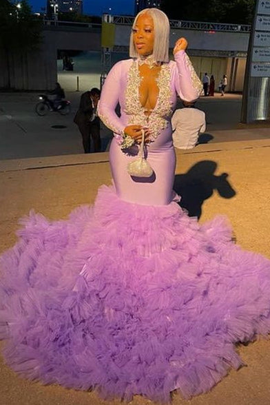 V-Neck Long Sleeves Mermaid Prom Dress Tulle Trumpet With Appliques