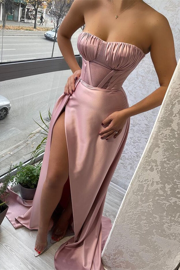 Sexy Pink Strapless Mermaid Prom Dress With Slit Pleats Ruffles