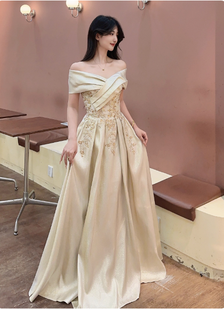 Vintage Champagne Gold Off-the-Shoulder Embroidered Satin Long Prom Dress Evening Dress P4361