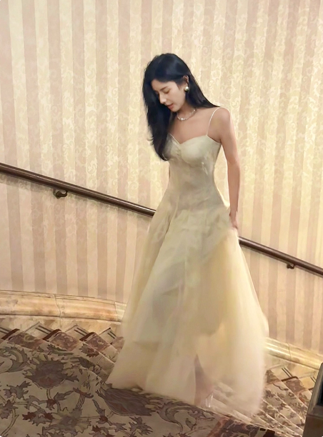 Sweet Cream Apricot A-Line Spaghetti Strap Lace Tulle Long Prom Dress Evening Dress P4365