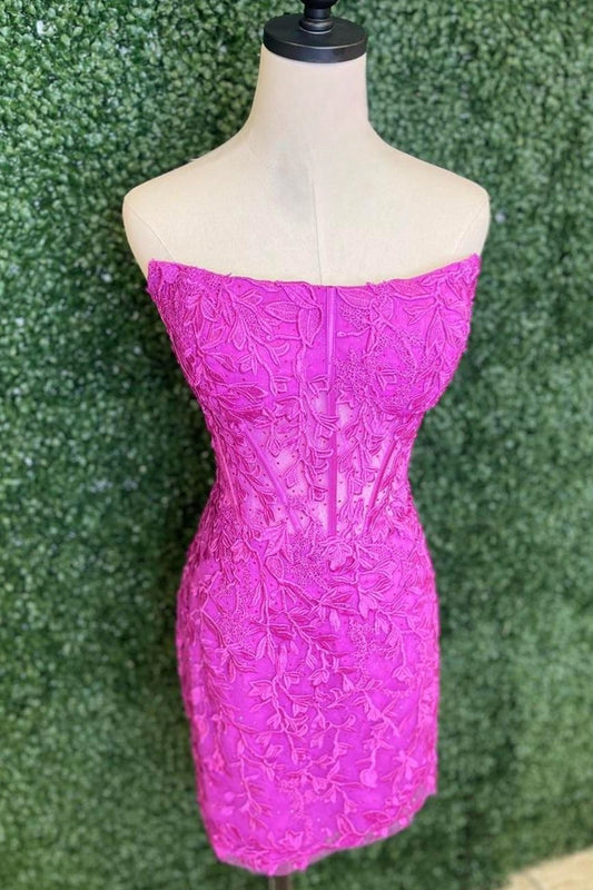 Fuchsia Strapless Sheath Appliques Homecoming Dress