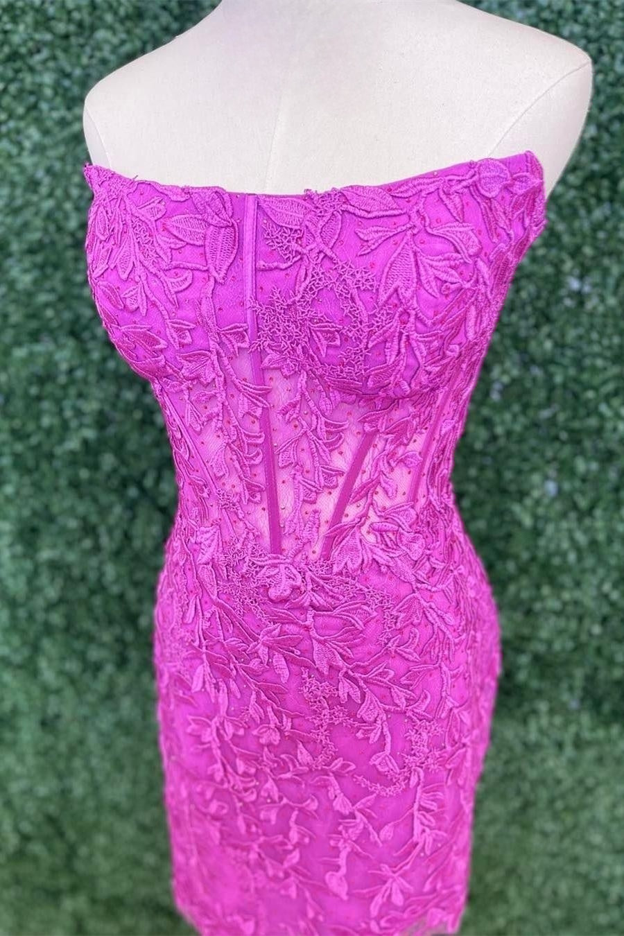 Fuchsia Strapless Sheath Appliques Homecoming Dress