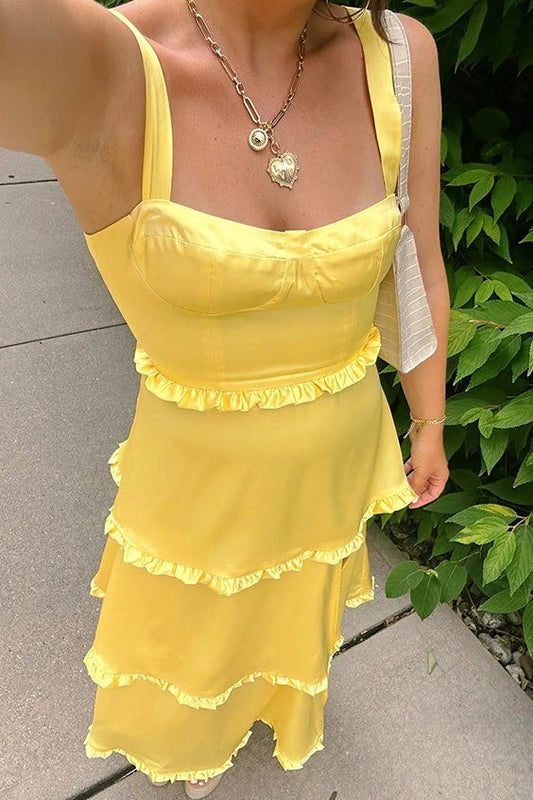 Satin A-Line Square Sleeveless Tiered Ruffled Long Party Prom Dress