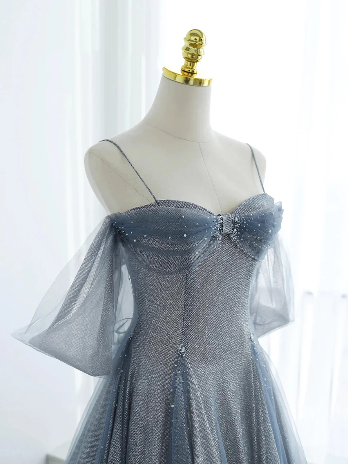 Glitter Blue Tulle A-Line Evening Dress, Blue Off Shoulder Prom Dress with Puff Sleeves fg8738