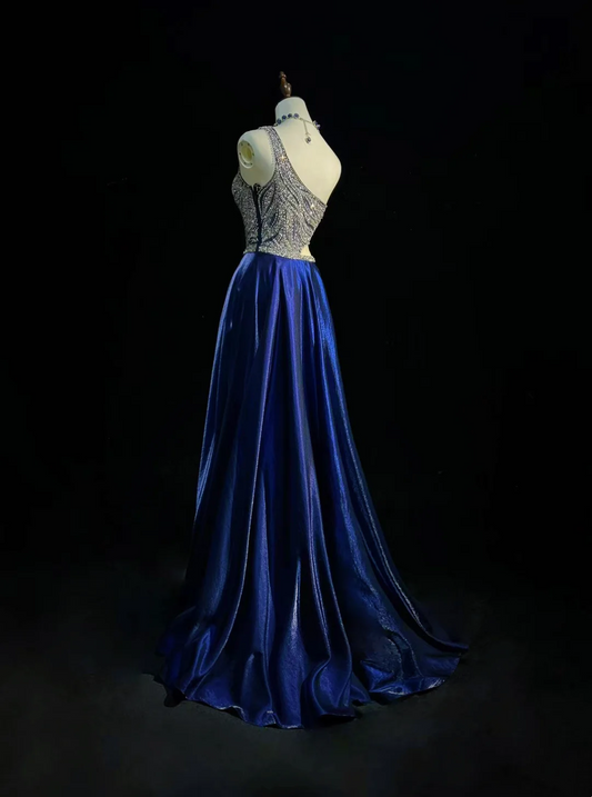 One Shoulder Royal Blue Prom Party Dress Beads Evening Gowns fg8595