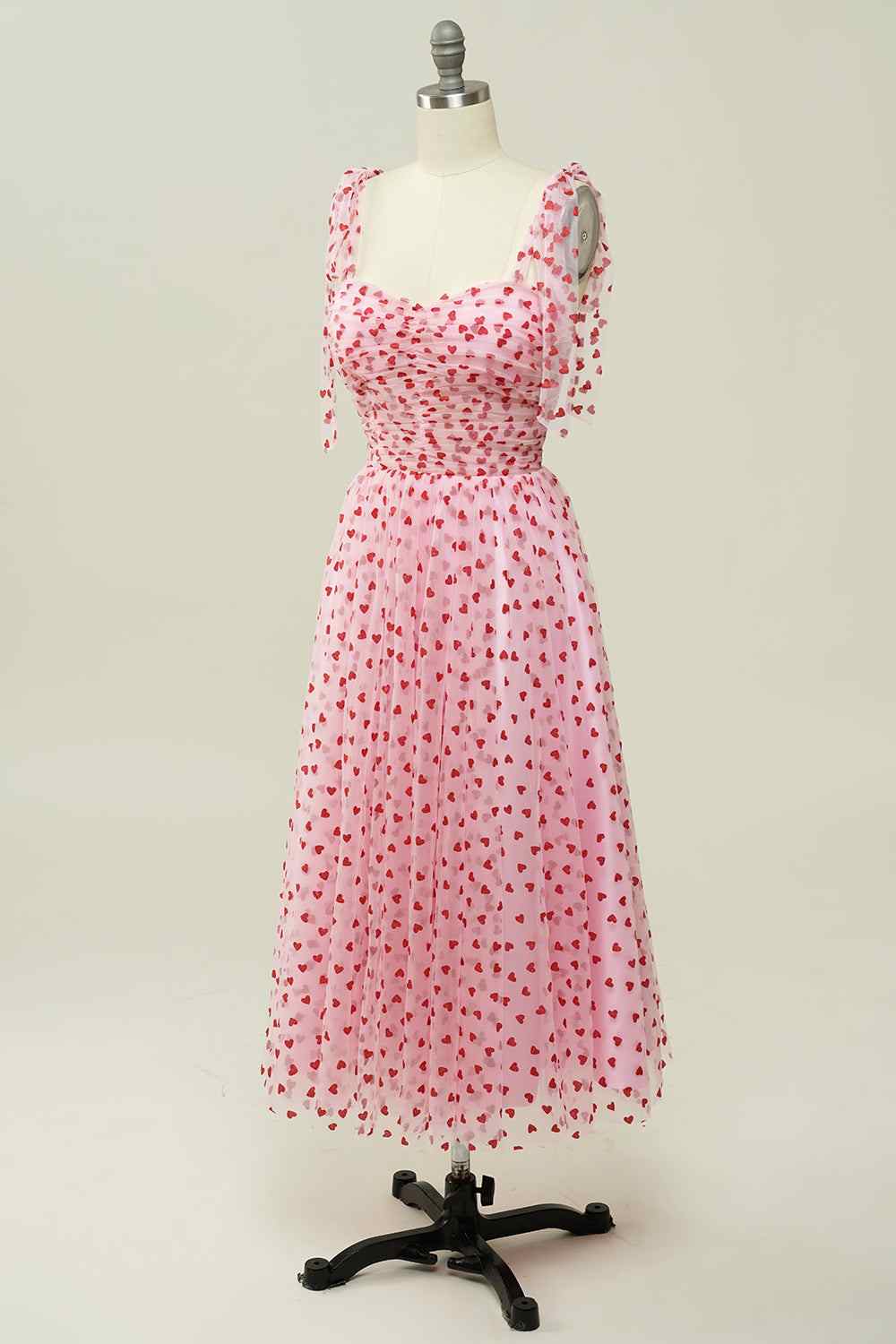 Pink Heart-Print Polka Dot Chiffon A-Line Party Prom Dress