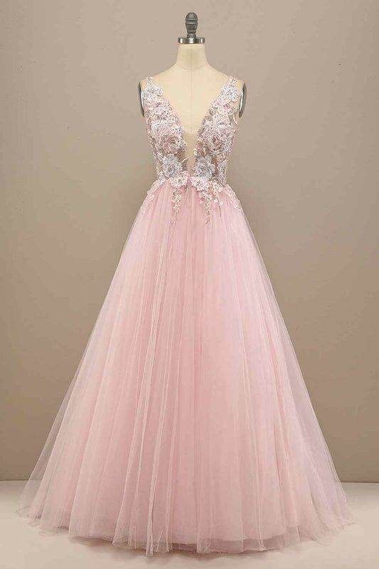 Tulle A-Line V-Neck Backless Floral Appliques Prom Party Dress