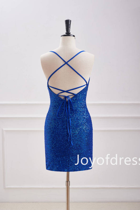 V-Neck Royal Blue Sequin Ruched Mini Dress