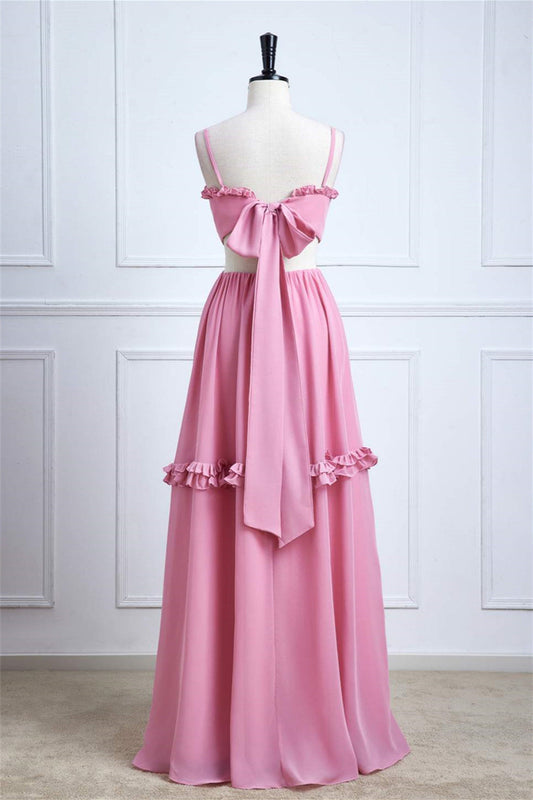 Pink Ruffled Spaghetti Straps Bow Tie Back Long Bridesmaid Dress