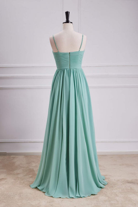 Sage Green Spaghetti Straps A-line Long Bridesmaid Dress with Slit