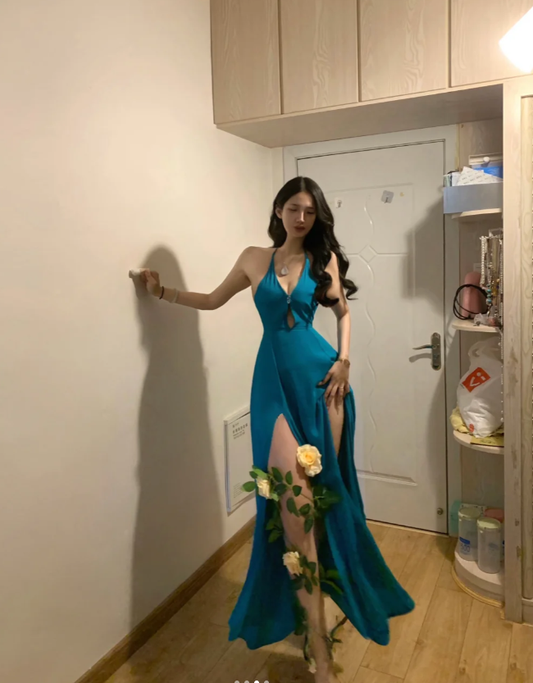 Chic Blue Halter V Neck Satin Slit Mermaid Evening Dress Long Party Gown D849