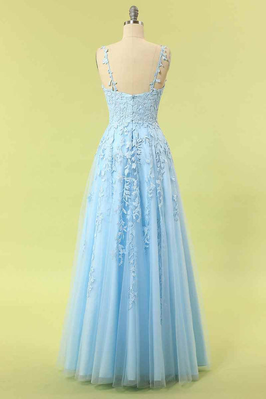 Spaghetti Straps V-Neck Lace Appliques Prom Party Dress