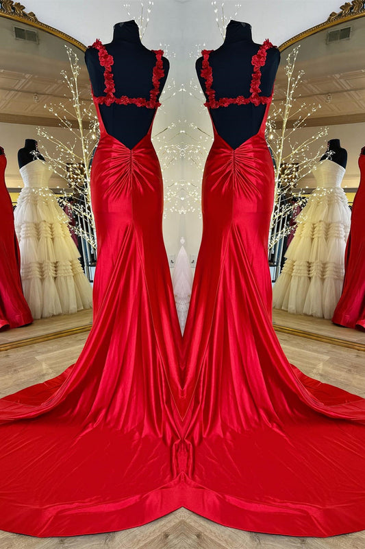 Red Flower Straps Mermaid Satin Long Prom Dress with Slit