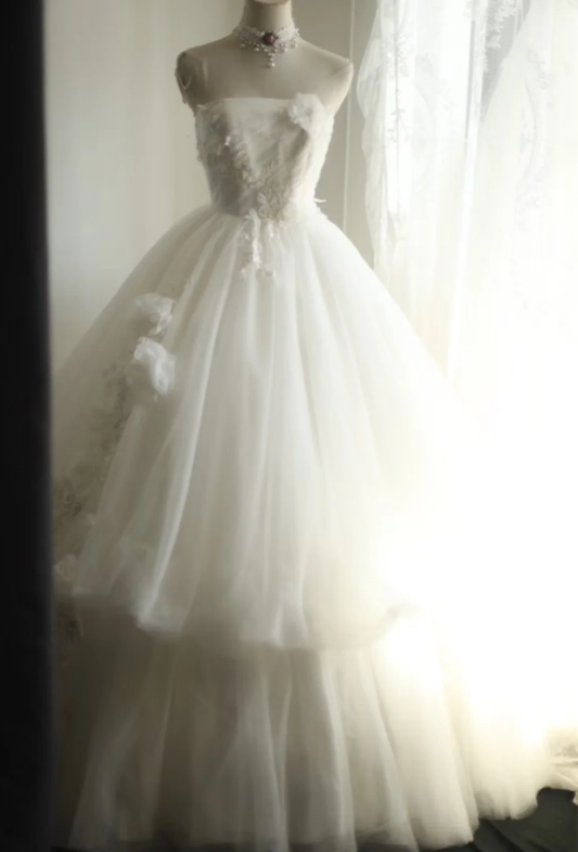 Fairy Strapless Tulle Appliqued Ball Gown White Long Wedding Dress D2323