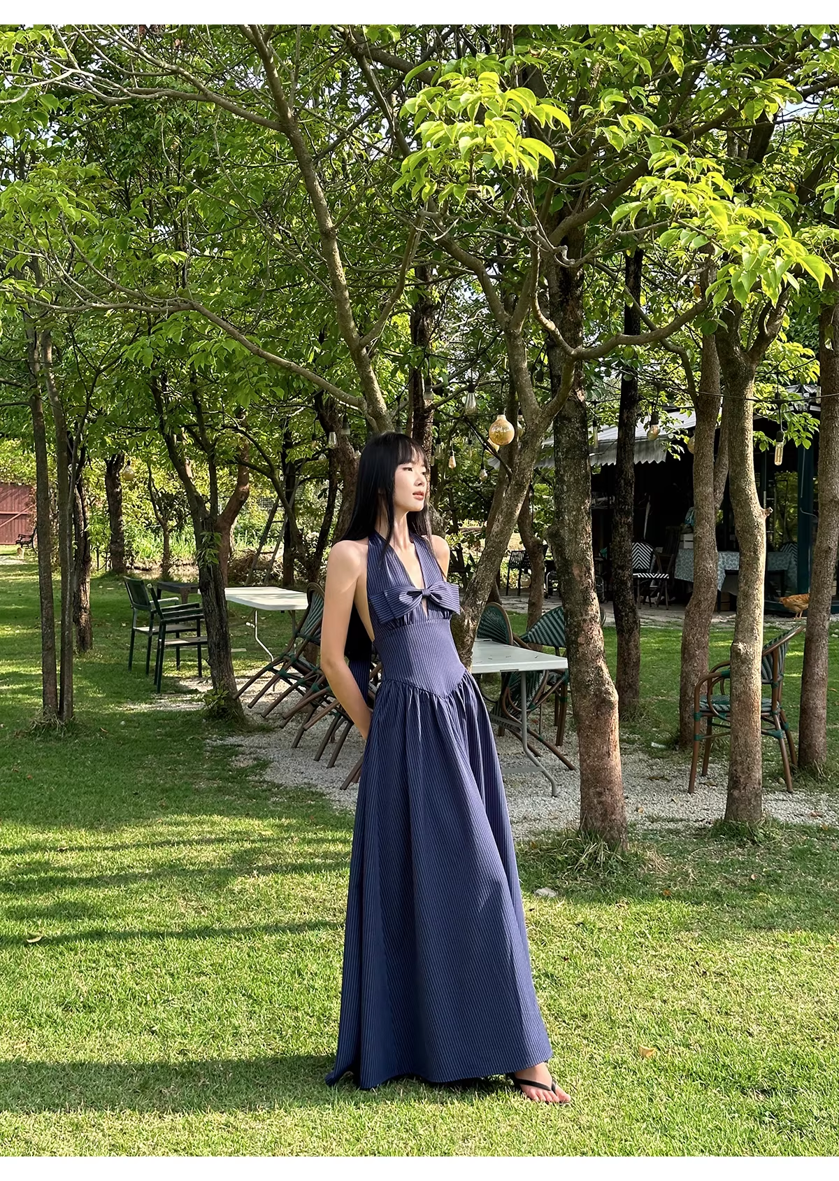 Cute Halter A-Line Black White Striped Butterfly Bow V-Neck Long Evening Dress Birthday Party Gown D2083