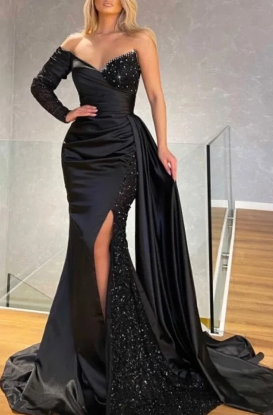 One Shoulder Long Sleeve Split Black Mermaid Prom Dress With Sequins