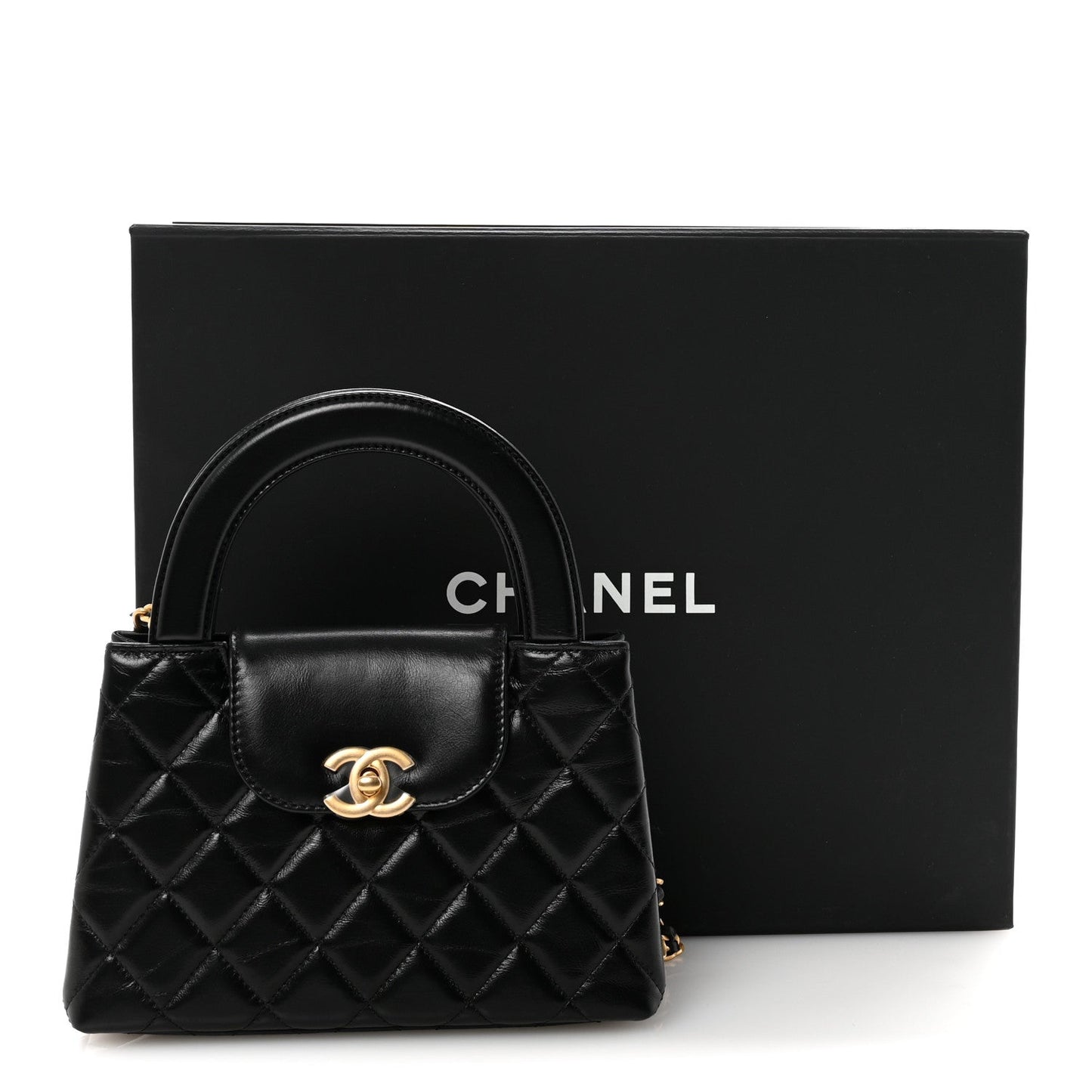 Shiny Aged Calfskin Quilted Nano Kelly Shopper Black