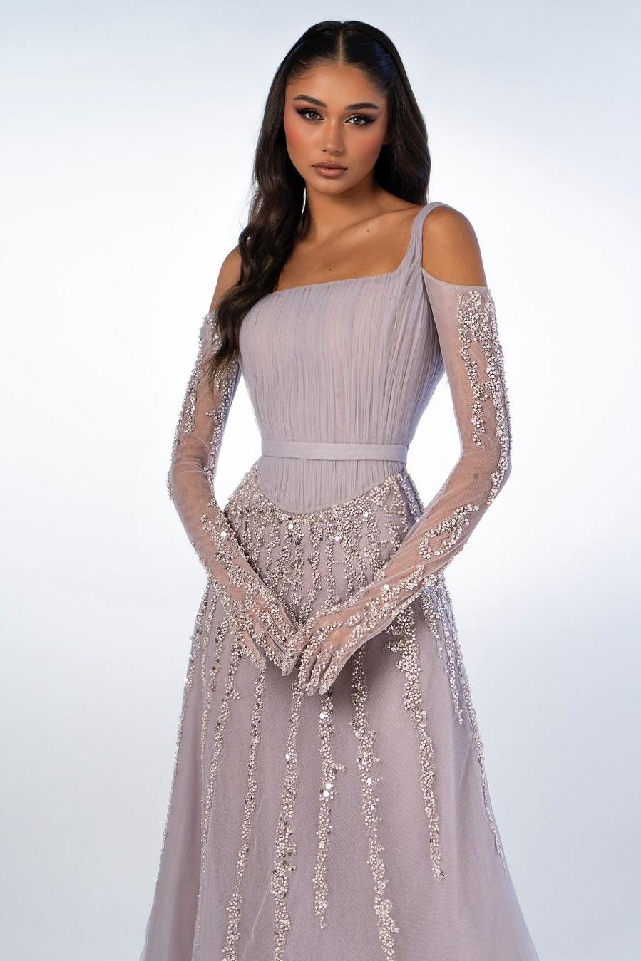 Charming Lilac Chiffon Spaghtti Strap Long Sleeves Prom Dress with Sequins