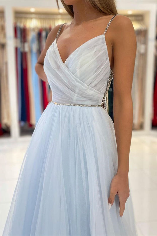 Long Light Sky Blue Spaghetti-Straps Tulle Prom Dress With Beads