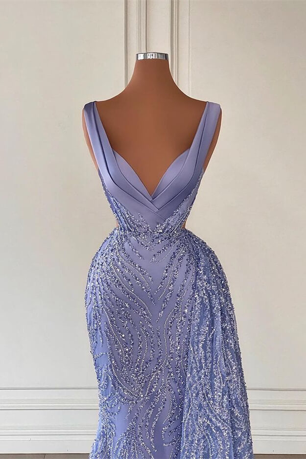 Charming Violet V Neck Mermaid Prom Dress With Beadings Sequins