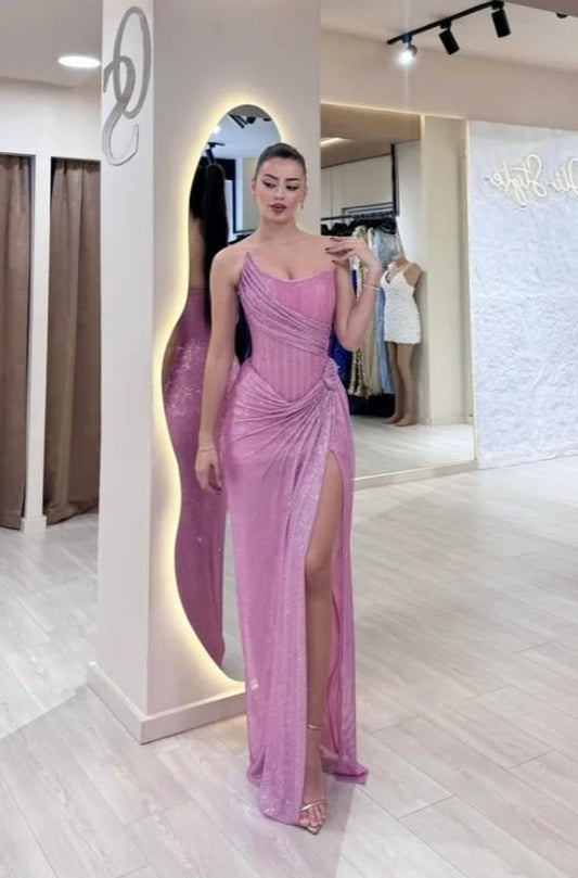 Stunning Purple Strapless Sequins Pleated Sleeveless Prom Dress with Split