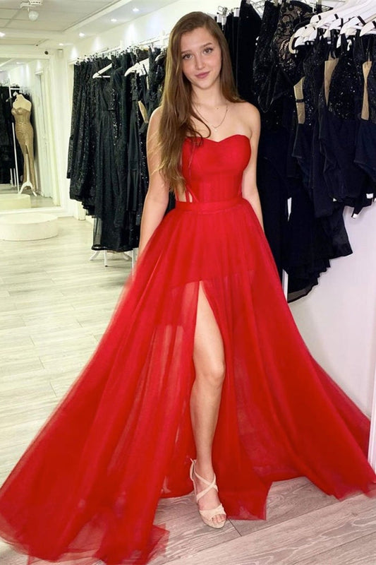 Sweetheart Red Elegant Evening Dresses With Slit