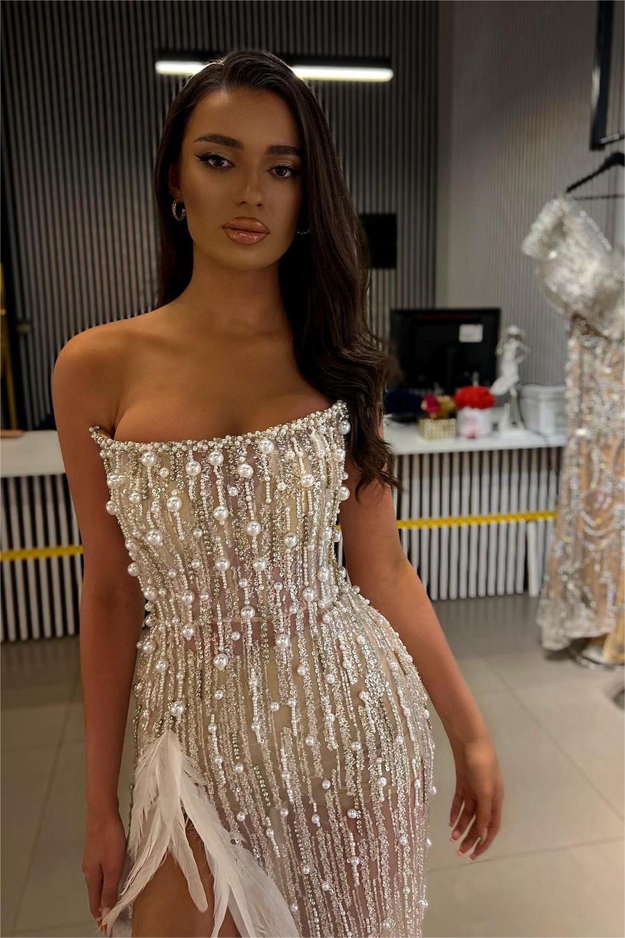 Stunning White Beadings Sleeveless Strapless Long Split Prom Dress with Feather