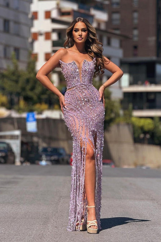 Charming Purple Sequins Strapless Sleeveless Beadings Prom Dress with Split